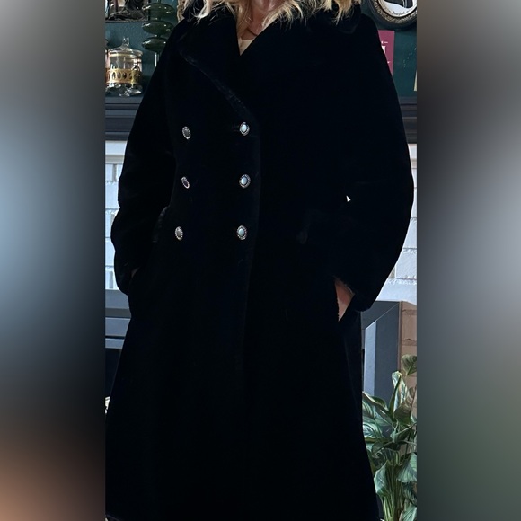 Vintage 60s Borgazia Double Breasted Black Faux Fur Coat w/ Gold Buttons - Picture 7 of 17